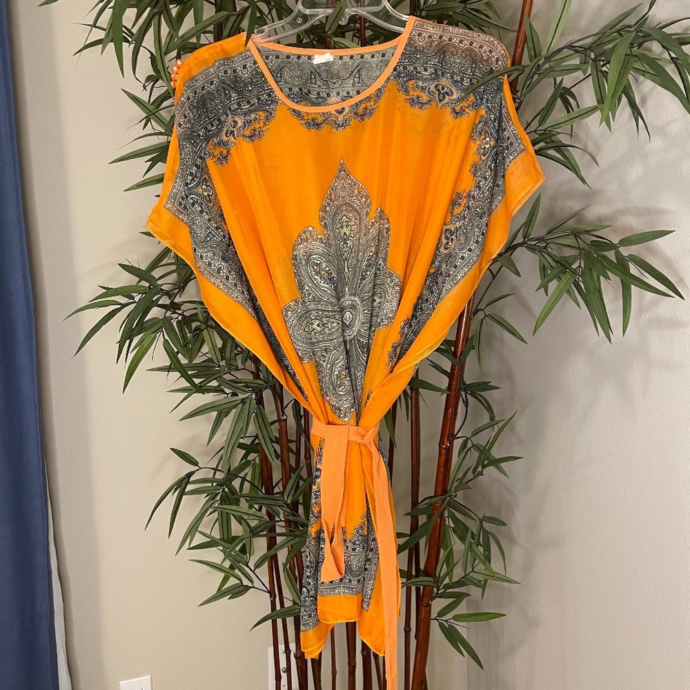 Orange silk cover-up batwing tunic blouse